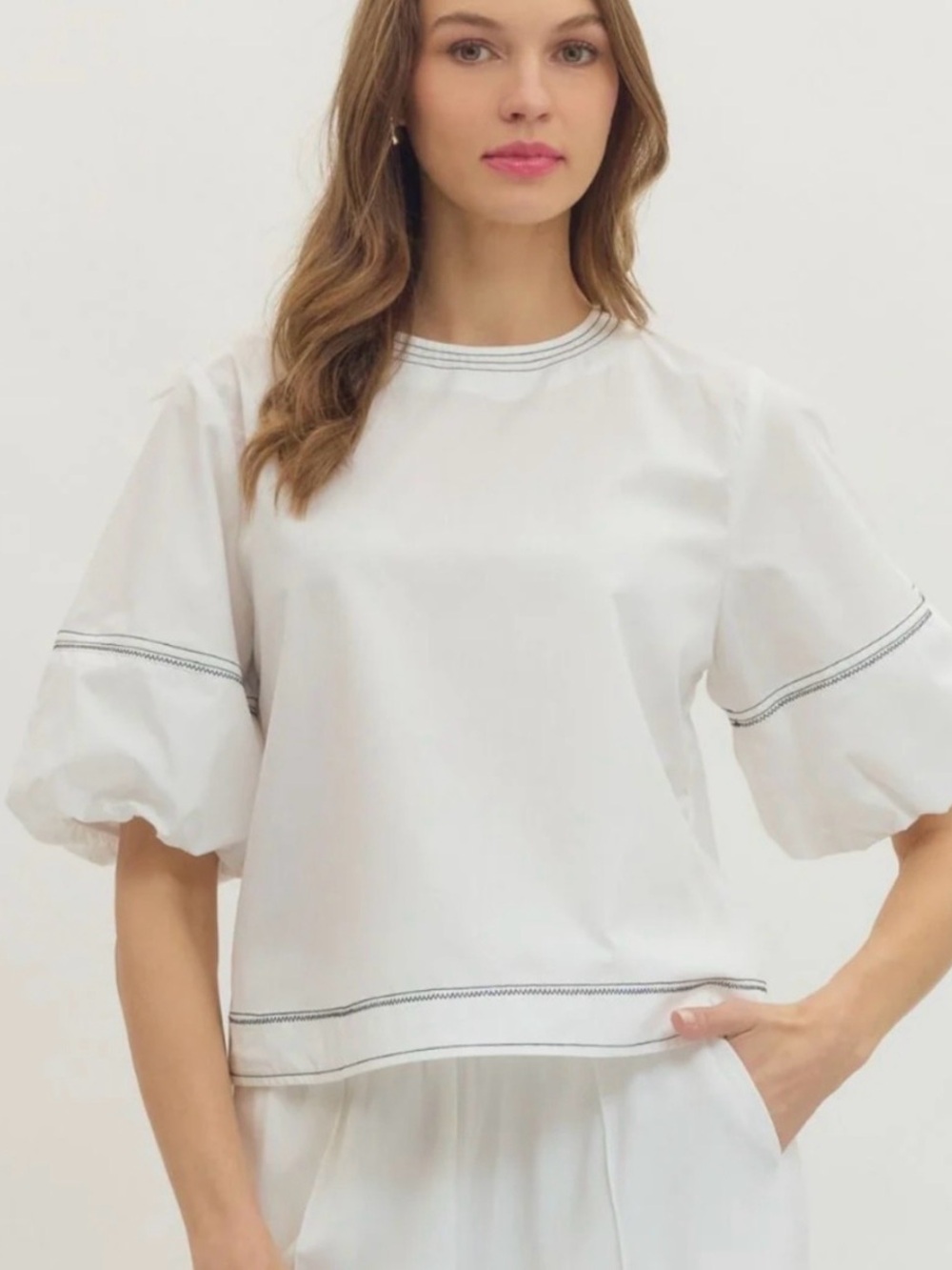 Zara Women's White balloon Sleeve Blouse - Elegant brown Embroidered Trim